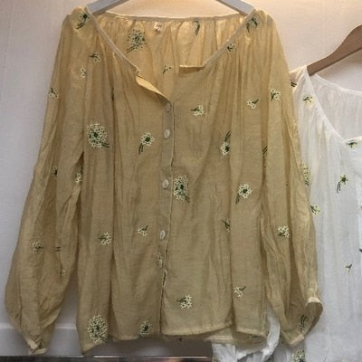 TEELYNN puff long sleeve beige cotton blouses shirts women loose floral embriodery transparent autumn blouse tops boho blusas