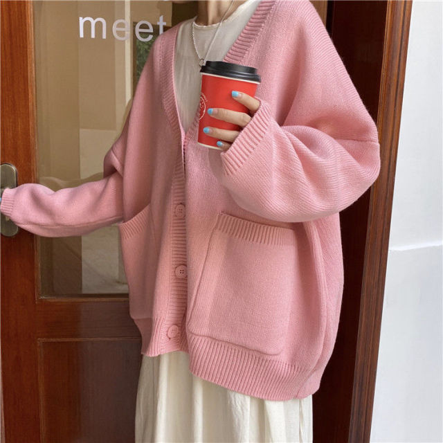 Cardigan Women Spring Vintage Lovely Fashion Korean Simple V-neck Ladies Knitwear Oversized All-match Ins Fall Femme Sweaters