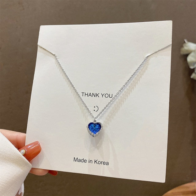 2020 Korean New Exquisite Blue Crystal Necklace Fashion Temperament Love Pendant Necklace Female Jewelry