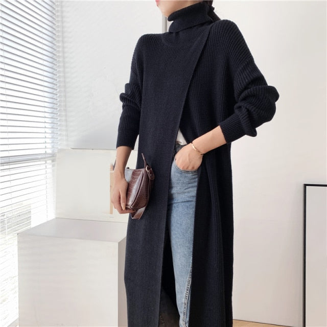 [EAM] Vent Long Knitting Sweater Loose Fit Turtleneck Long Sleeve Women Pullovers New Fashion Tide Autumn Winter 2022 1DA357