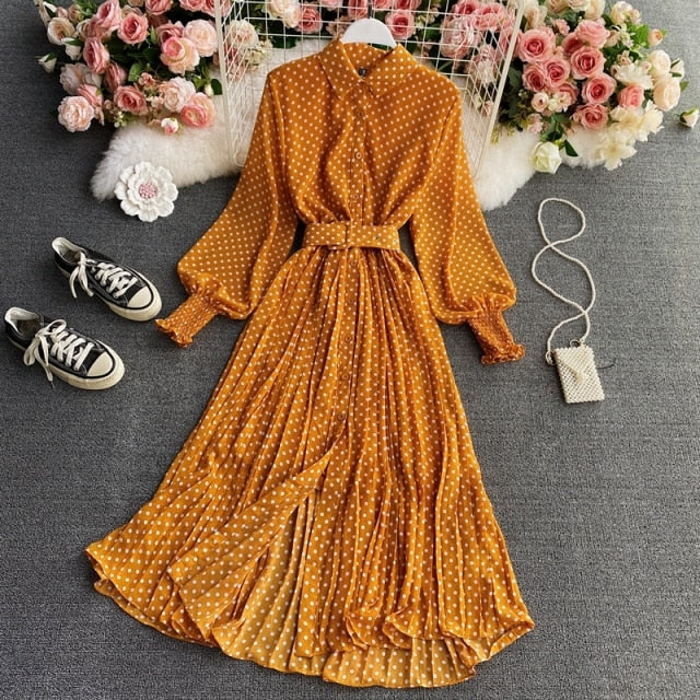 Spring And Summer French Vintage Maxi Dress 2021 Sundress Ladies Long Sleeve Orange Polka Dot Chiffon Pleated Dresses Femme Robe