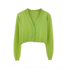 Load image into Gallery viewer, Knitted Crop Cardigan Women Korean Short Sweater Long sleeve V neck Green Blue
