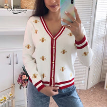 Load image into Gallery viewer, High Quality Fashion Designer Bee Embroidery Cardigan Long Sleeve Single Breasted Contrast Color Button Knitted Sweaters C-196
