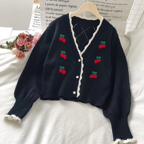 OCEANLOVE Embroidered Cardigans Knit Wear Sweet Puff Sleeve Short Mujer Chaqueta Autum Winter V Neck Cherry Sweaters Women 18958
