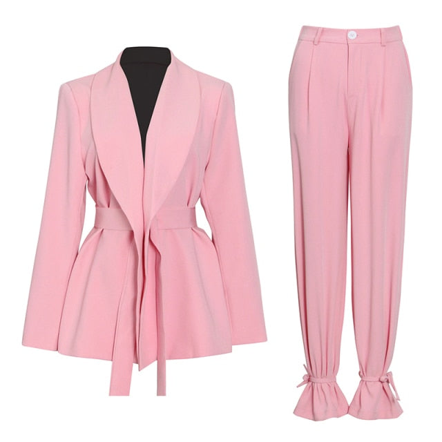 TWOTWINSTYLE Solid Color Korean Two Piece Set Women Blazer High Waist Belt Lace-up Straight Pants Suits Female 2021 Fashion New