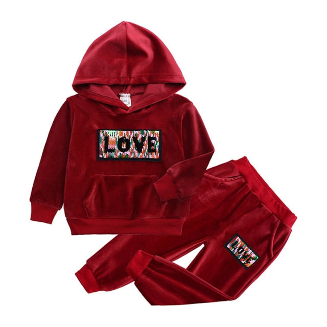 1-6 Years Children Clothing Girl Outfit Warm Velvet Hooded Long Sleeve Tops+Pants  For Spring Autumn