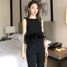 Load image into Gallery viewer, TWOTWINSTYLE Black Patchwork Feathers Korean Fashion Shirt Top Women Round Neck Sleeveless Slim Tops Female 2021 Summer Clothing
