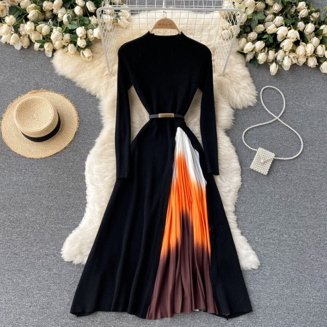 SINGREINY Women Elegant French Dress Design Splice Gradient Pleated A-line Knitted Dresses Autumn Fashion Streetwear Midi Dress