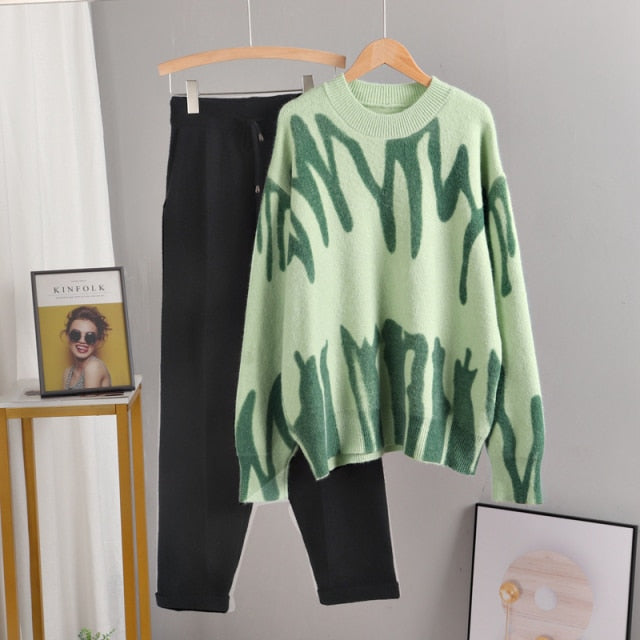 MASTGOU Cashmere Women Sweater Tracksuits Tie Dye Knit Two Pieces Pencil Pants Sets Oversized Loose Sweaters Suits Clothing