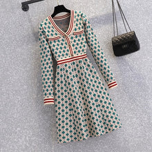 Load image into Gallery viewer, Plus Size 4XL Women Autumn Winter Vintage Plaid Knitted Sweater Dresses 2021 V Neck Striped Patchwork Knitwear Mini Short Dress
