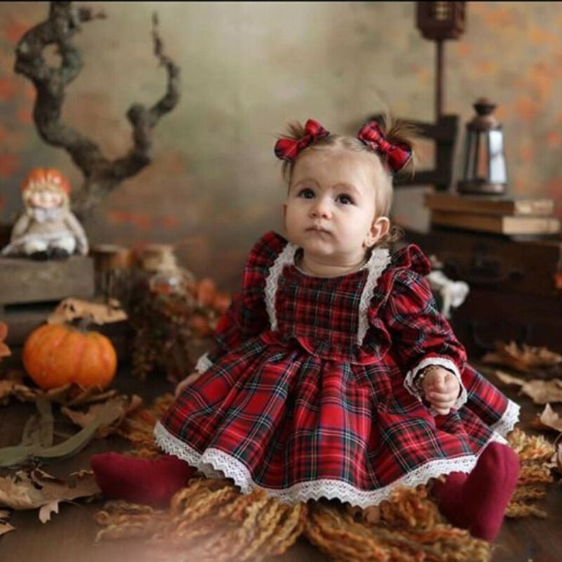 1-6Y Baby Girls Red Dress Lace Ruffles Tutu Party Dress Plaid Costumes