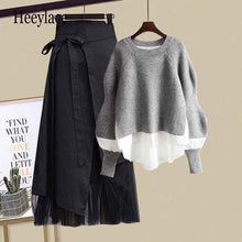 Load image into Gallery viewer, Plus Size Women Winter Patchwork Long Sleeve Knitted Tops + Asymmetric Skirt 2 Piece Suit Female Party Elegant 4XL Two Piece Set
