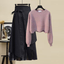 Load image into Gallery viewer, Plus Size Women Winter Patchwork Long Sleeve Knitted Tops + Asymmetric Skirt 2 Piece Suit Female Party Elegant 4XL Two Piece Set
