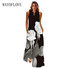 Load image into Gallery viewer, WAYOFLOVE 2022  Sleeveless Black Dress Summer Beach Casual Elegant Breathable Long Dresses Woman V Neck Rose Print Women&#39;s Dress
