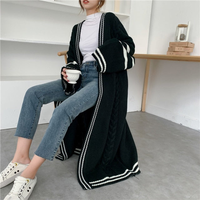 LANMREM 2022 Autumn New Long Style Cardigan For Women Loose Striped Patchwork Casual Knitted Sweater Popular Coat PC425