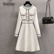 Load image into Gallery viewer, Plus Size Autumn Winter Striped Patchwork Knitted Dress Elegant Women O Neck Button Long Sleeve White Sweater Dresses 4XL
