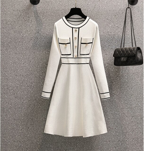Plus Size Autumn Winter Striped Patchwork Knitted Dress Elegant Women O Neck Button Long Sleeve White Sweater Dresses 4XL