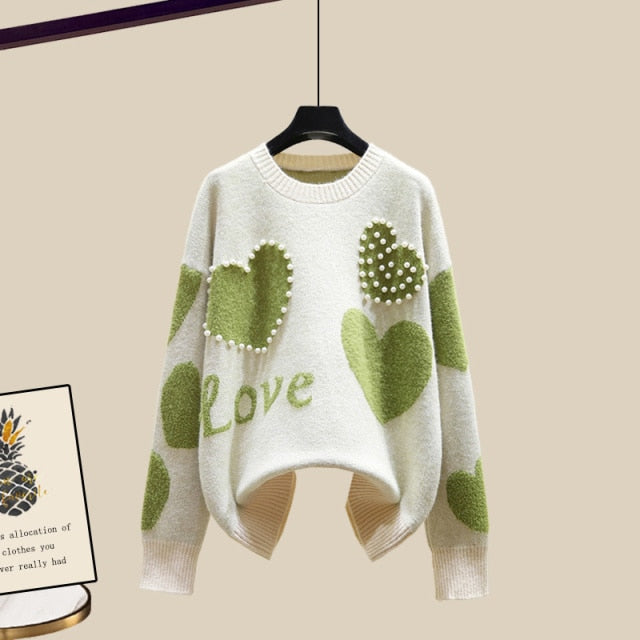Newest Lazy Sweater Two Piece set Women Sweet Heart-shaped beaded Pullover Jumper Top + Irregular Striped Skirt Knit 2PCS Sets
