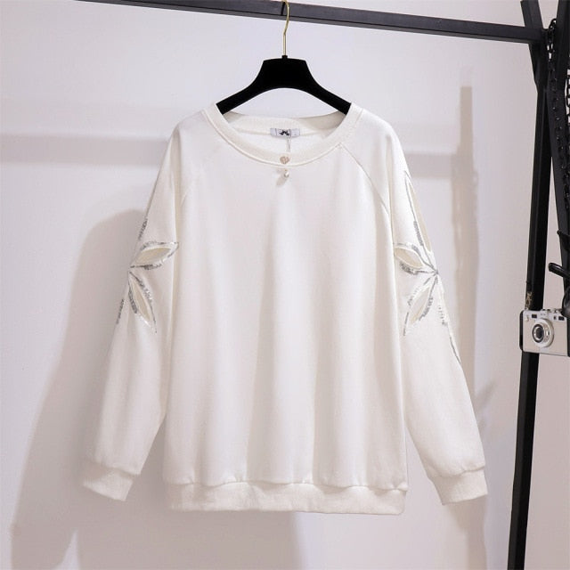 New Ladies Autumn Winter Plus Size Tops For Women Large Long Sleeve Loose Black Sequins Cotton Thick T-shirt 3XL 4XL 5XL 6XL 7XL
