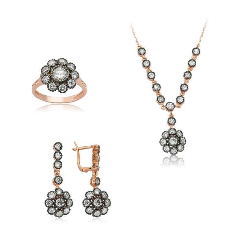 Women's Gemmed Flower Design Necklace, Ring & Earrings Set