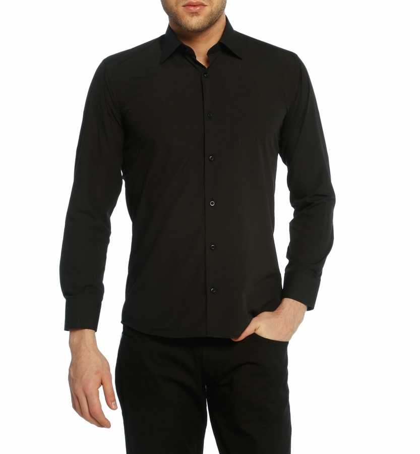 Men's Slim Fit Long Sleeves Plain Black Shirt
