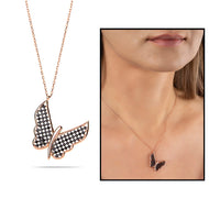 Women's Zircon Gemmed Butterfly Pendant Rose Plated 925 Carat Silver Necklace