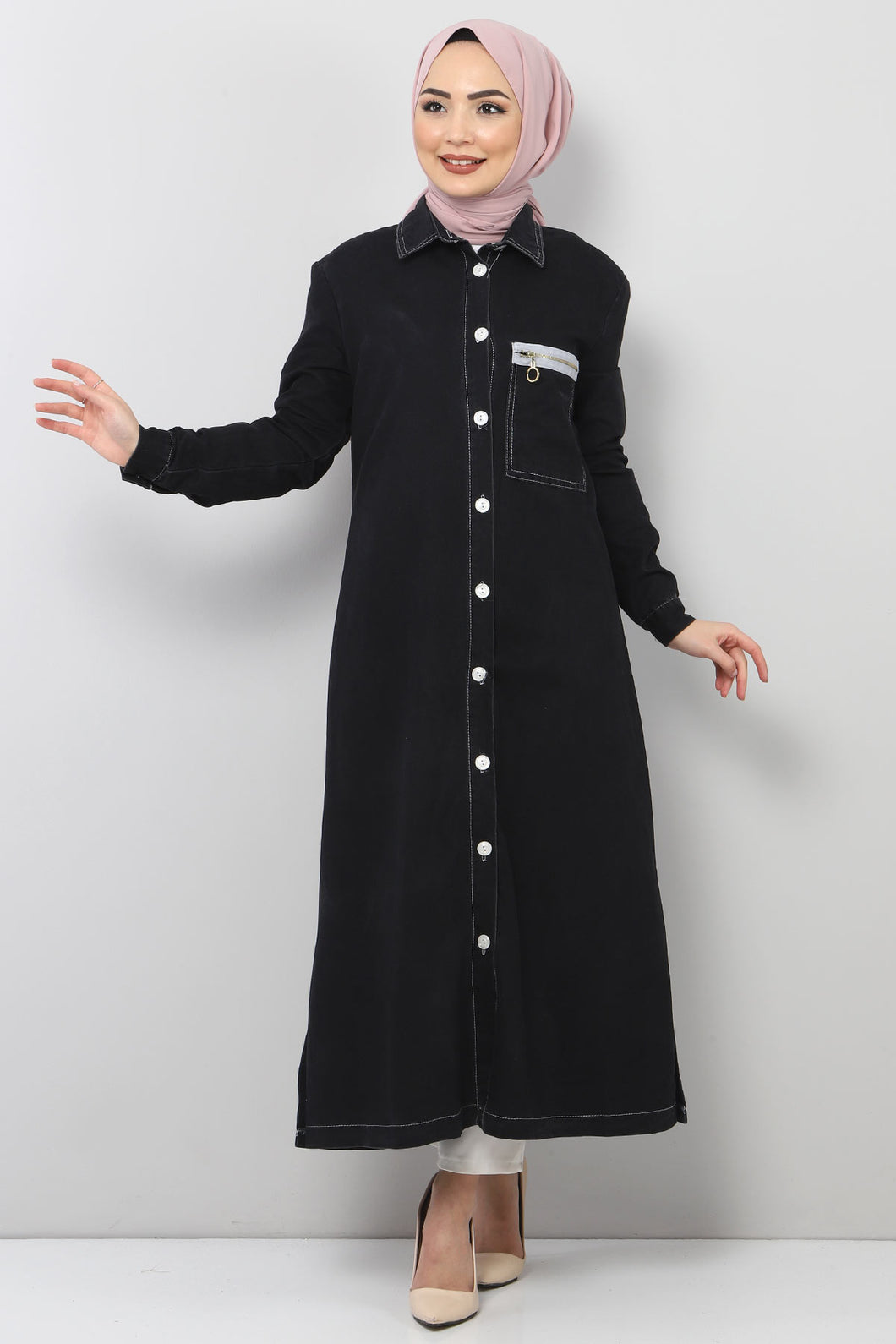 Women's Fancy Pocket Black Denim Abaya