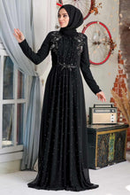 Load image into Gallery viewer, Women&#39;s Beaded Black Modest Evening Dress
