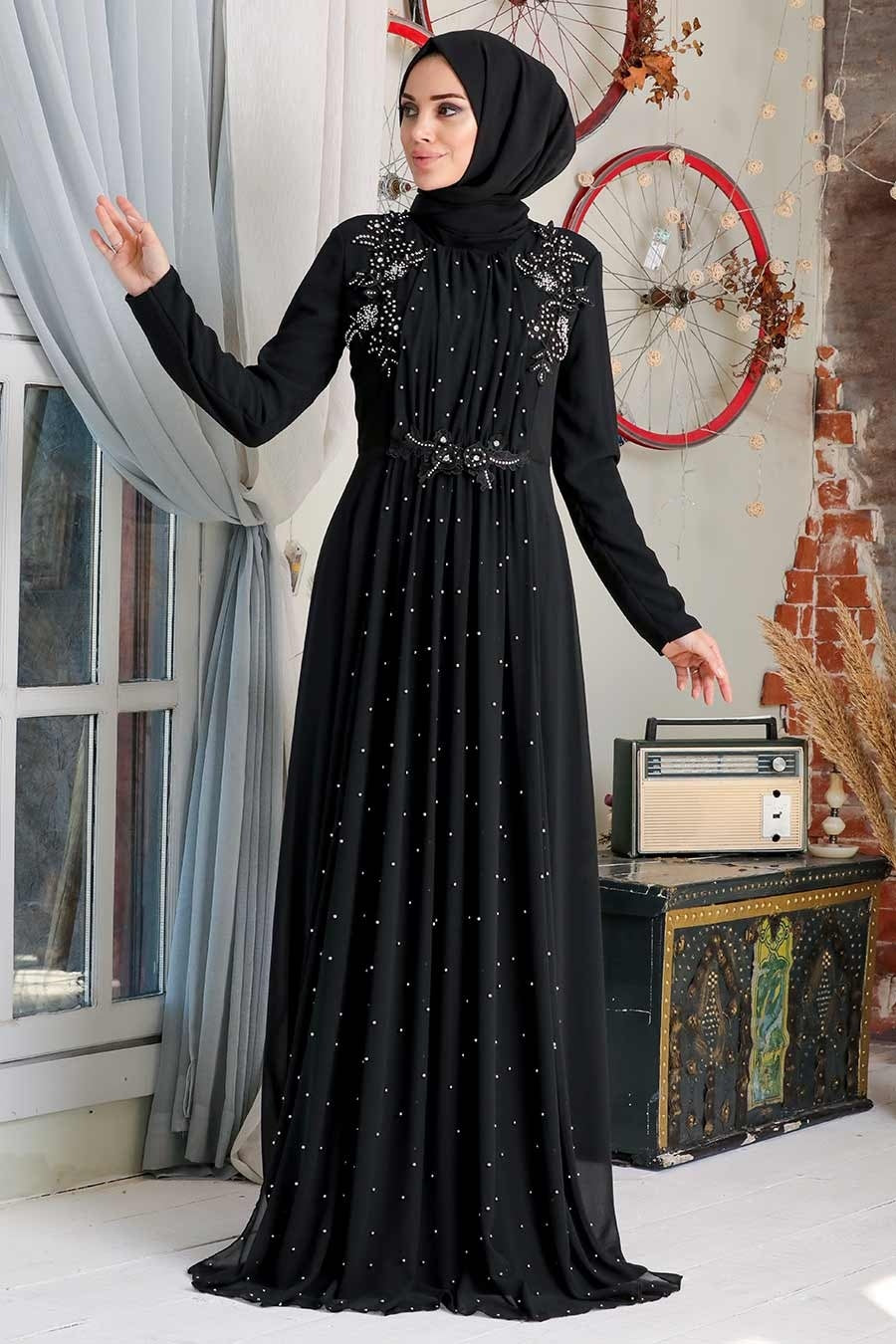 Women's Beaded Black Modest Evening Dress