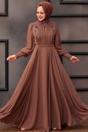 Women's Bead Embroidered Brown Modest Evening Dress
