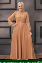 Load image into Gallery viewer, Women&#39;s Pearl Detail Camel Modest Evening Dress
