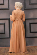 Load image into Gallery viewer, Women&#39;s Pearl Detail Camel Modest Evening Dress
