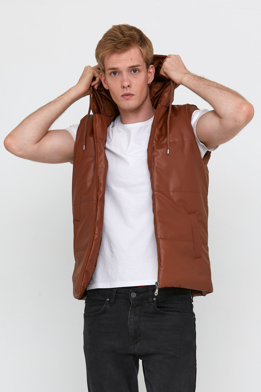 Men's Hooded Pocket Sand Beige Artificial Leather Vest
