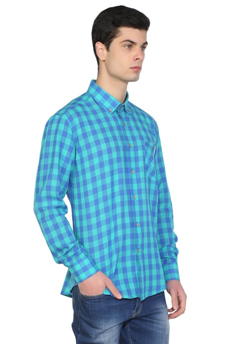 Men's Long Sleeves Checkered Mint Green Skinny Fit Shirt