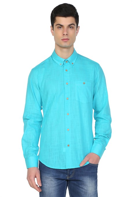Men's Long Sleeves Turquoise Skinny Fit Shirt