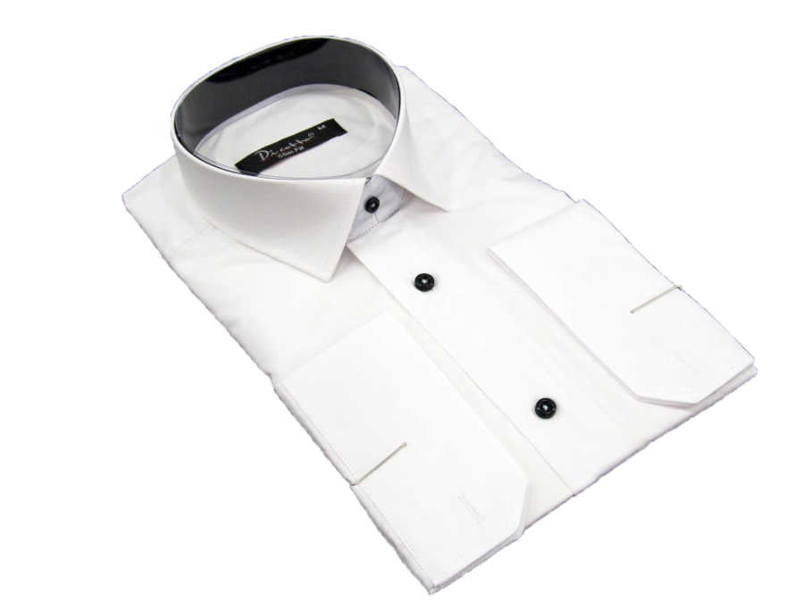 Men's Long Sleeves Inner Black Combined Plain White Slim Fit Shirt