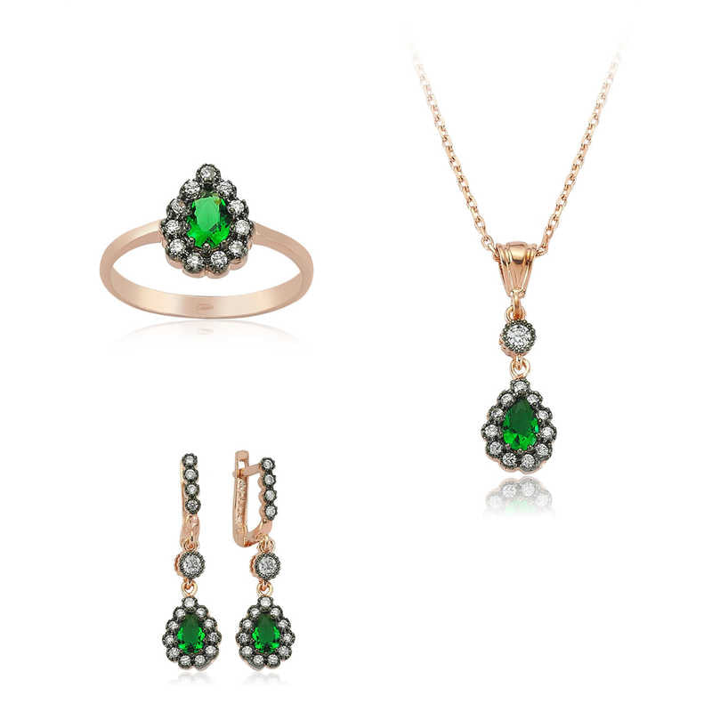 Women's Green Gemmed Silver Necklace, Ring & Earrings Set