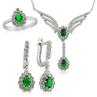Women's Green Gemmed Silver Necklace, Ring & Earrings Set