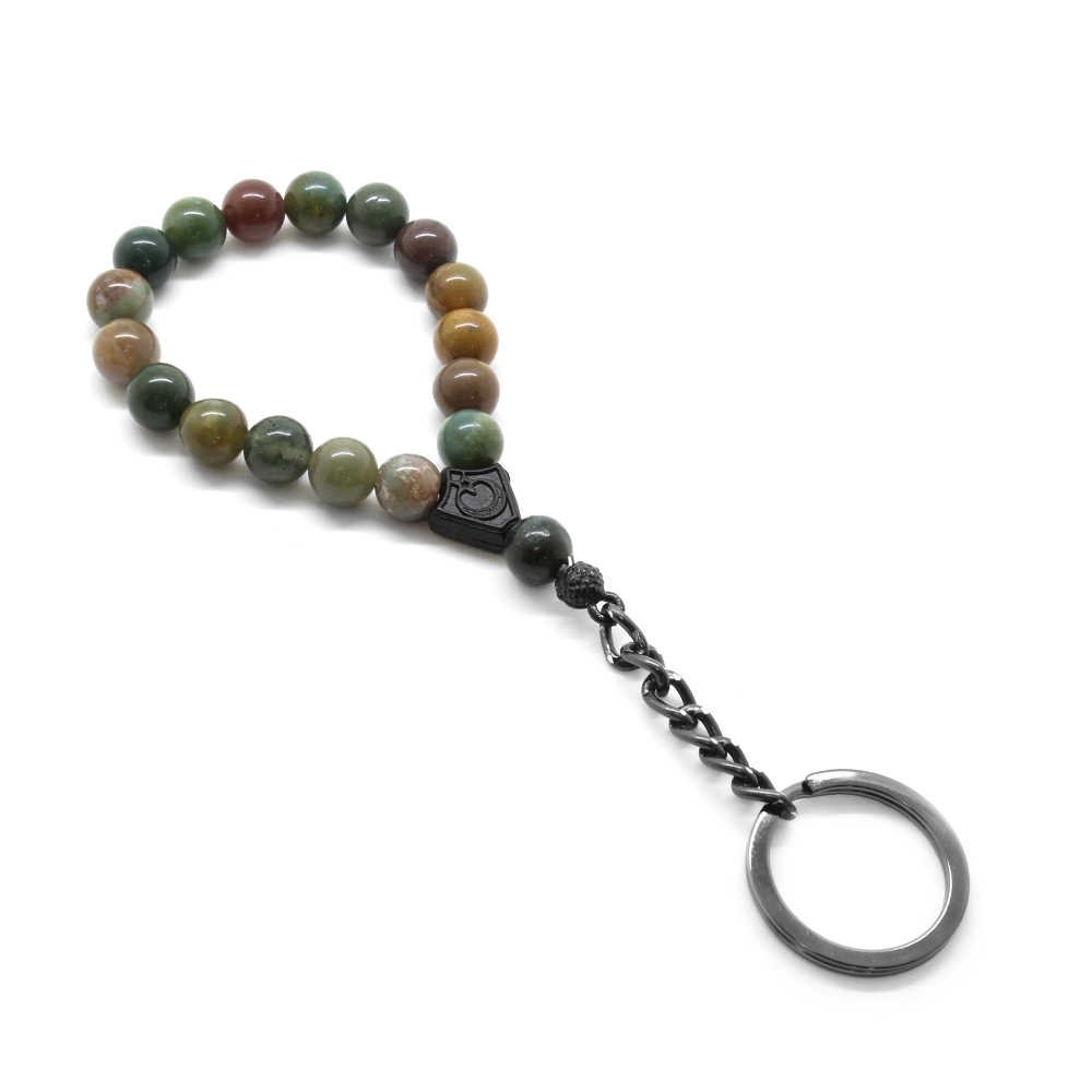 Agate Natural Stone Prayer Beads Detail Steel Keychain