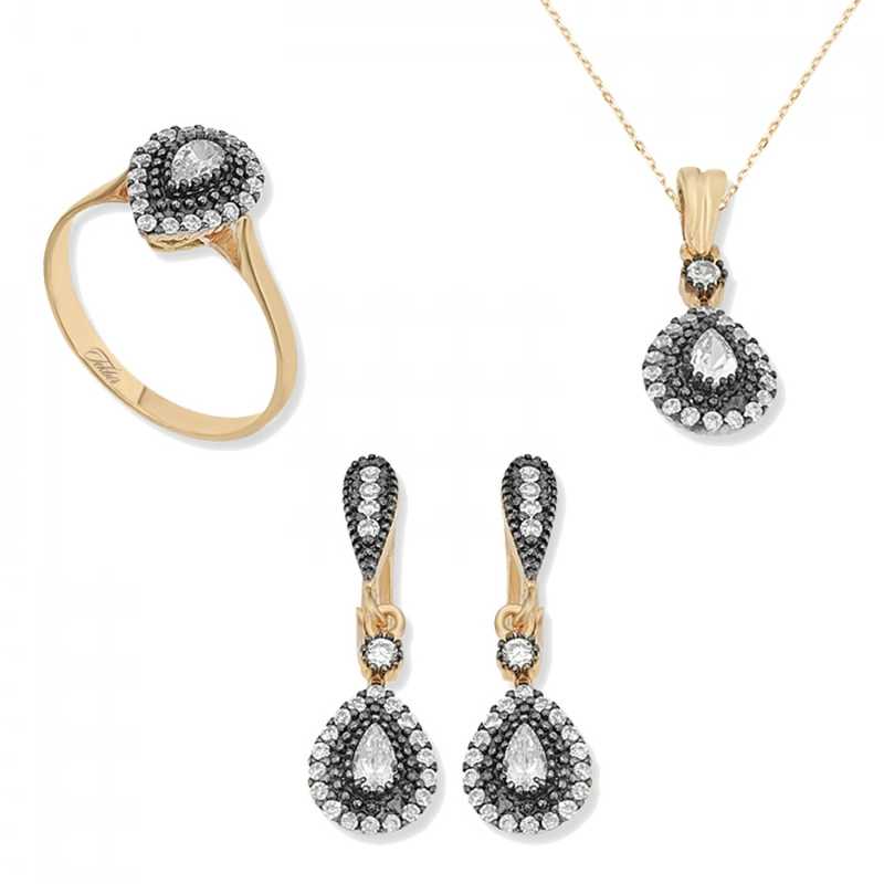 Women's Drop Gemmed Silver Necklace, Ring & Earrings Set