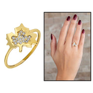Women's Zircon Gemmed Leaf Figure Gold Plated 925 Carat Silver Ring