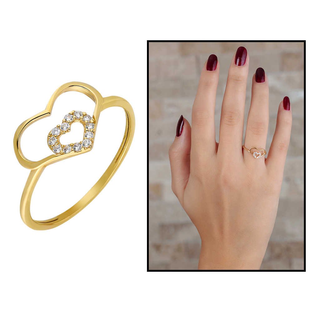 Women's Zircon Gemmed Heart Figure Gold Plated 925 Carat Silver Ring