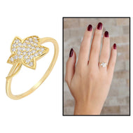Women's Zircon Gemmed Flower Figure Gold Plated 925 Carat Silver Ring
