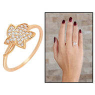 Women's Zircon Gemmed Flower Figure Rose Plated 925 Carat Silver Ring